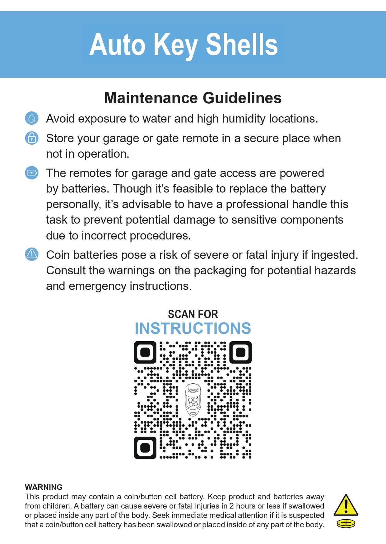 Battery Warning POS Packaging Bags - Automotive Car Key Shells | Remote Pro